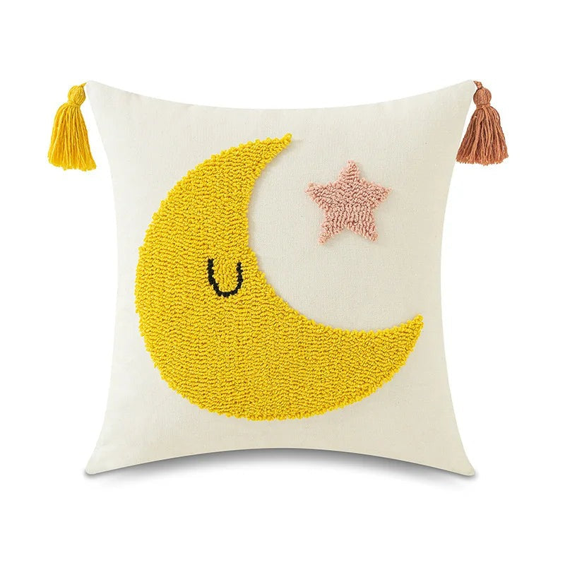 Housse de coussin décorative brodée avec pompons - Soleil, lune, pluie et arc-en-ciel