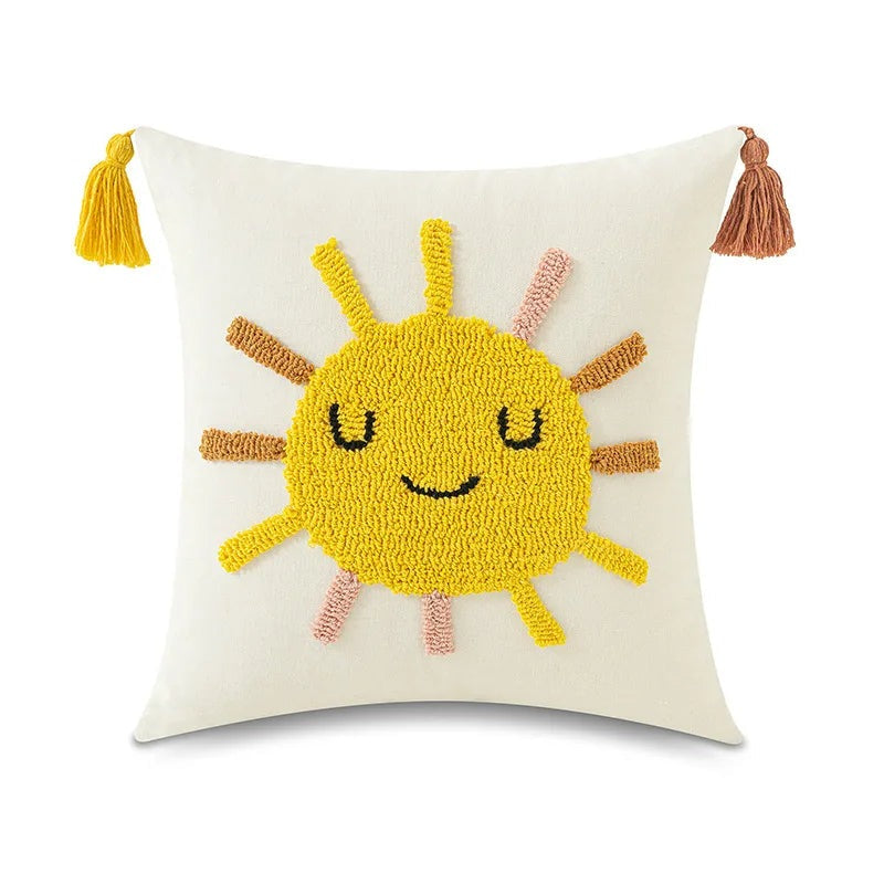 Housse de coussin décorative brodée avec pompons - Soleil, lune, pluie et arc-en-ciel