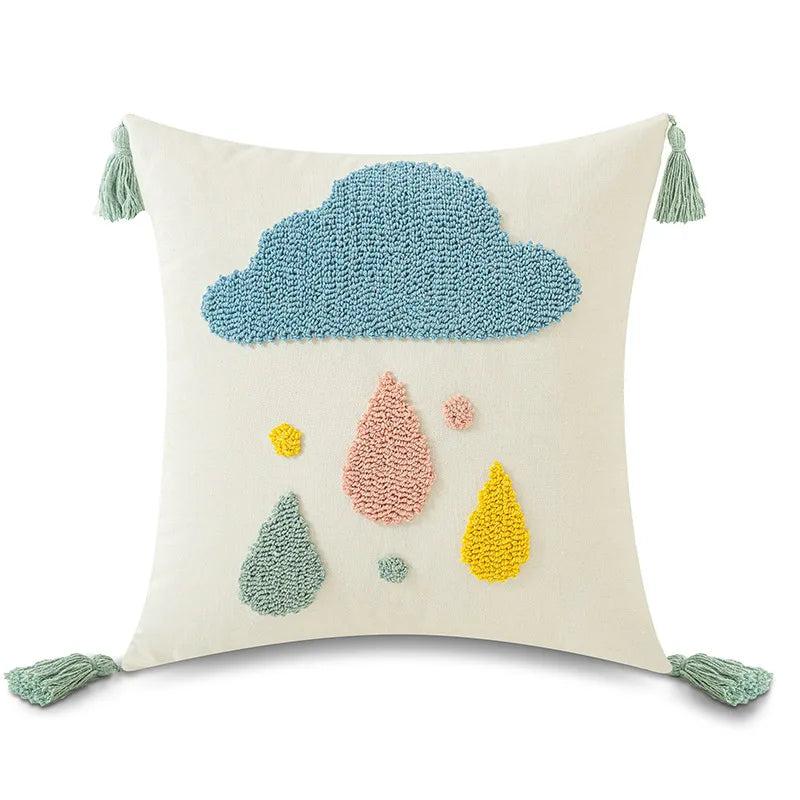 Housse de coussin décorative brodée avec pompons - Soleil, lune, pluie et arc-en-ciel