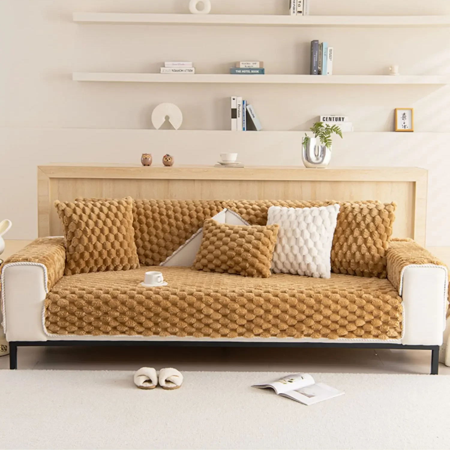 Sofa towel couleur beige caramel, crée un cocon de douceur dans votre salon